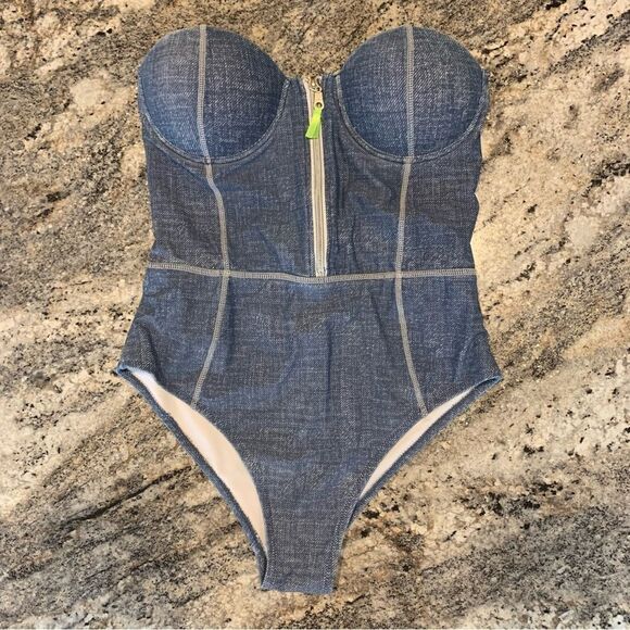 Chambray Strapless body suit padded zip up - Picture 1 of 7